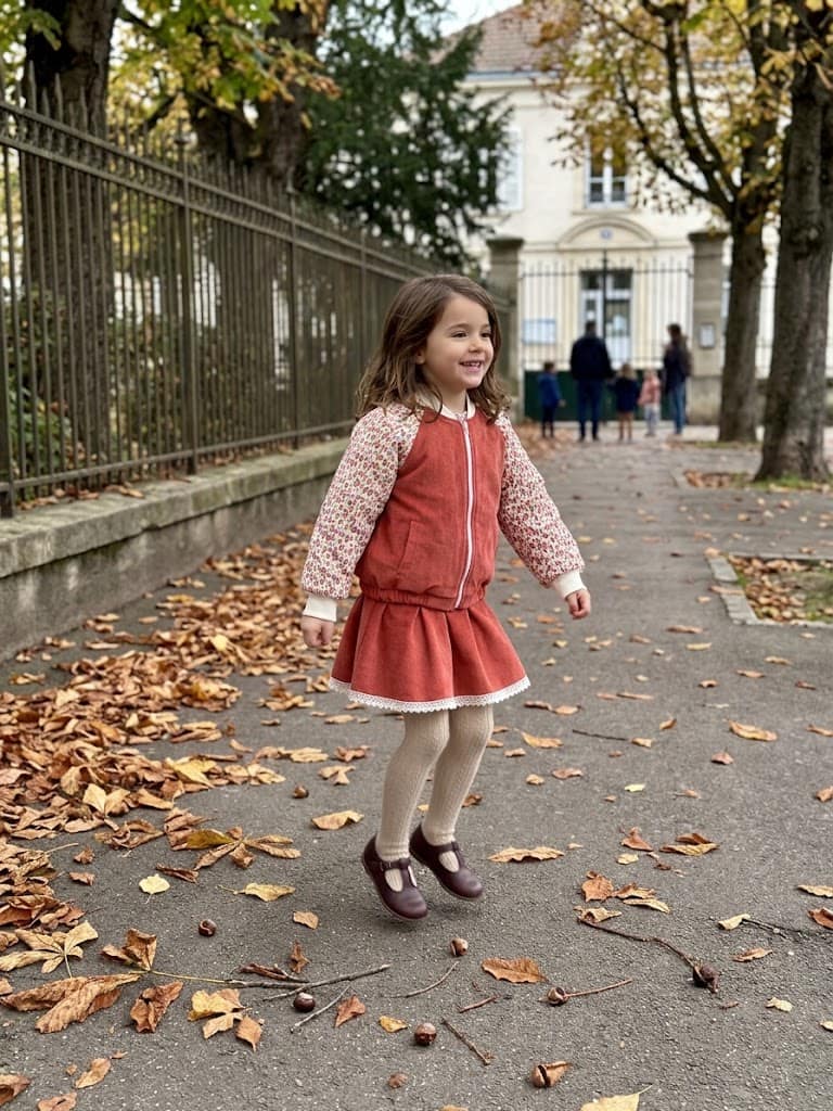 Enfant en blouson de velours terracotta à manches fleuries