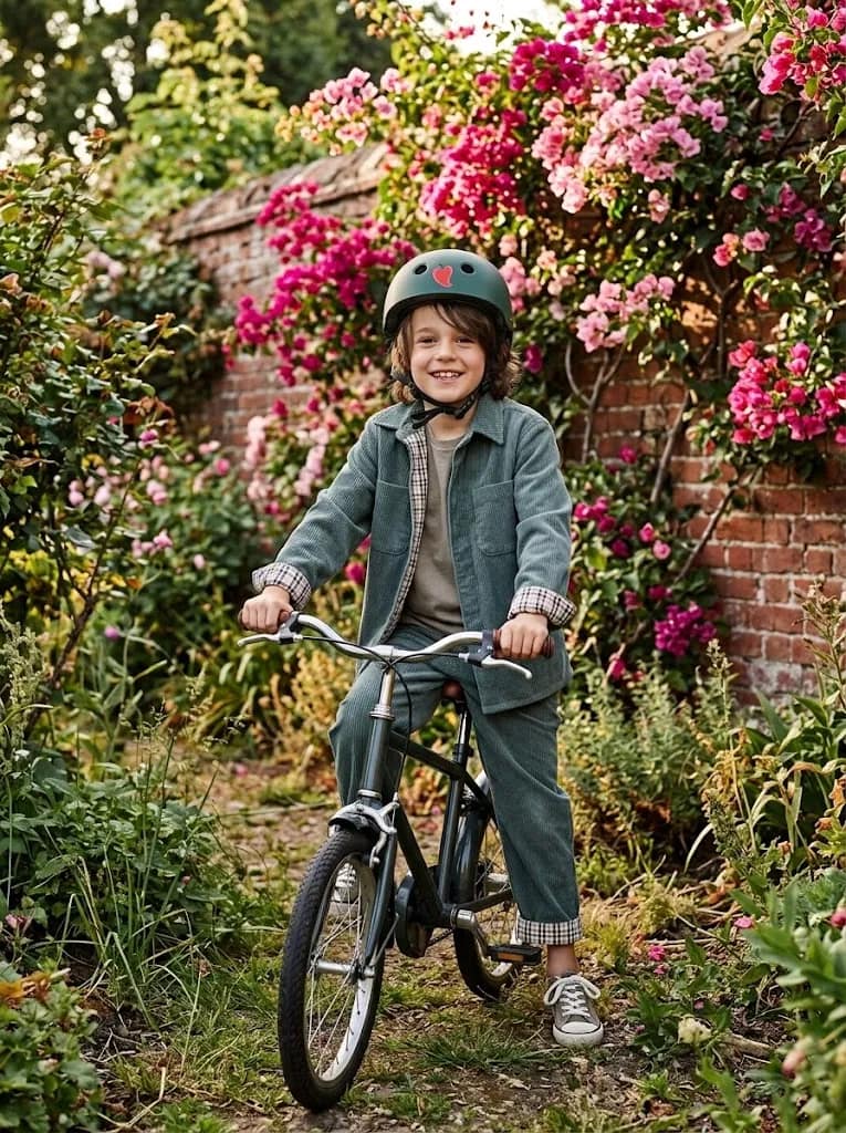 Enfant à vélo en ensemble de velours kaki