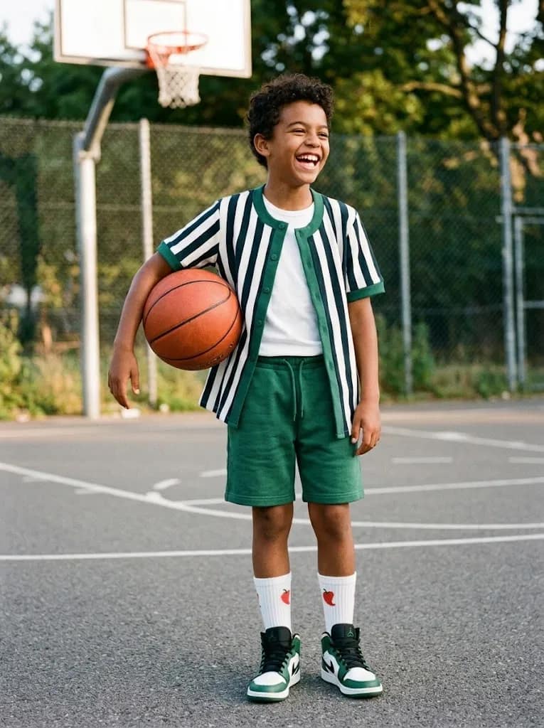Enfant en ensemble rayé vert et blanc avec un ballon de basket